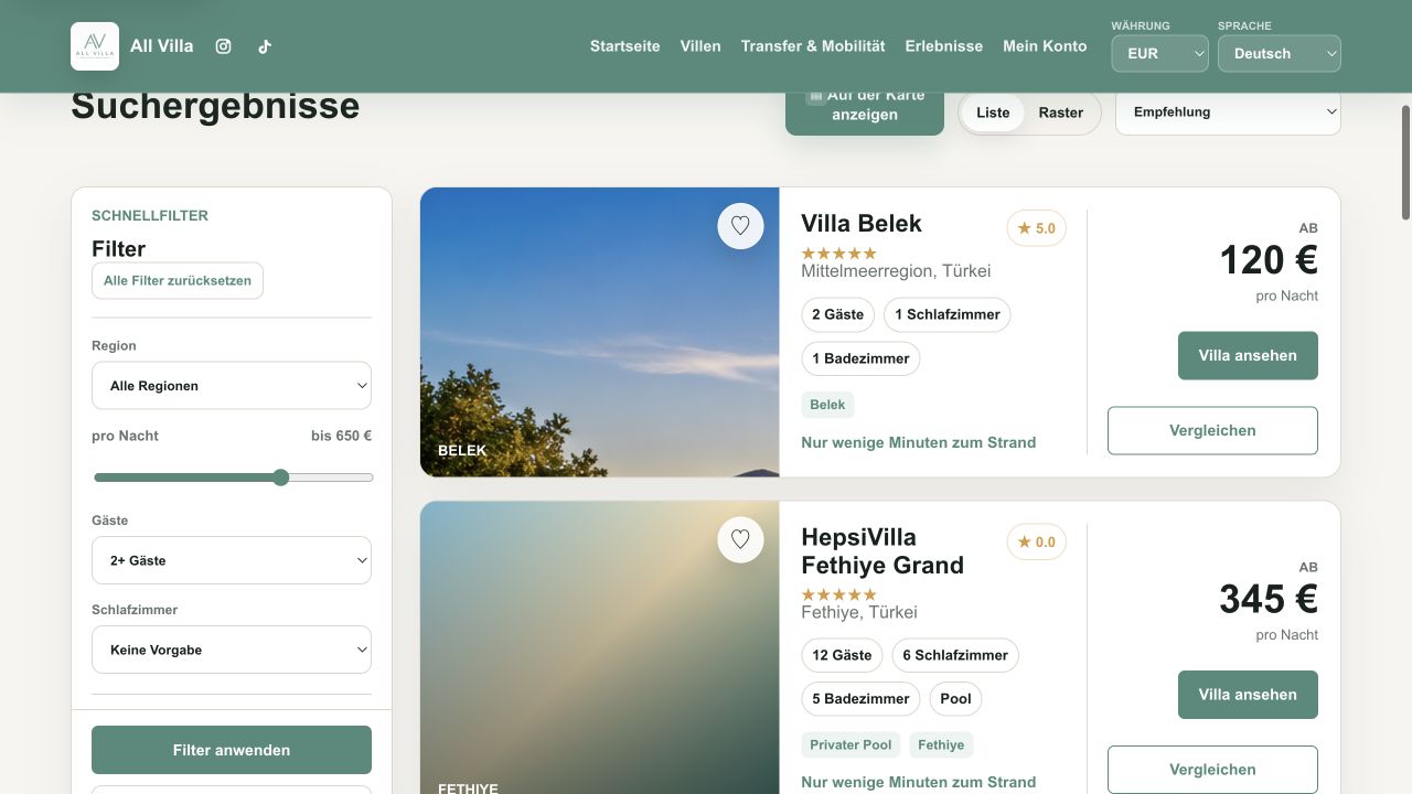 Allvilla Inseratübersicht mit Filtern, Villenkarten, Preisen und Vergleichsfunktion
