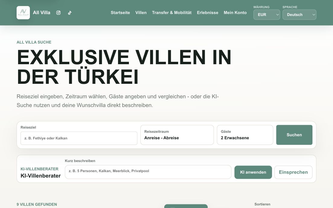 Allvilla Villensuche mit Reisezeitraum, Gästeauswahl und KI-Villenberater