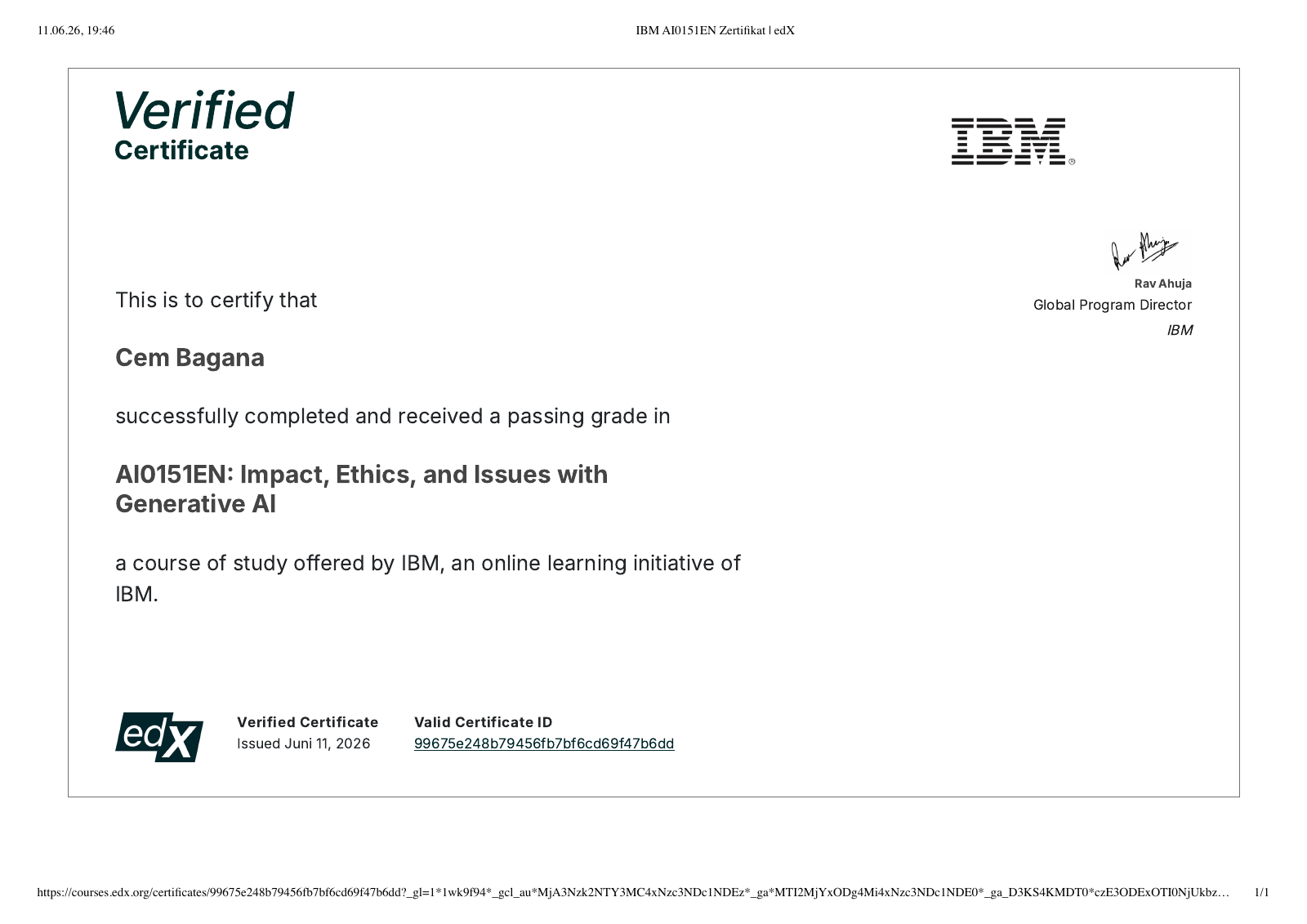 Zertifikat: Impact, Ethics, and Issues with Generative AI