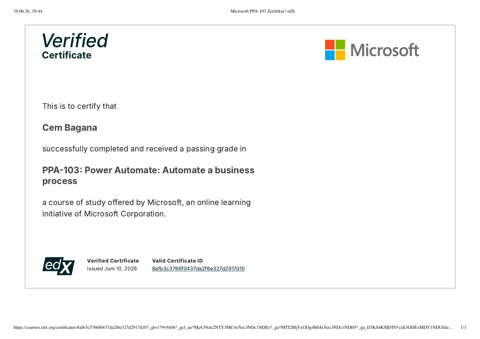 Zertifikat: Power Automate: Automate a Business Process
