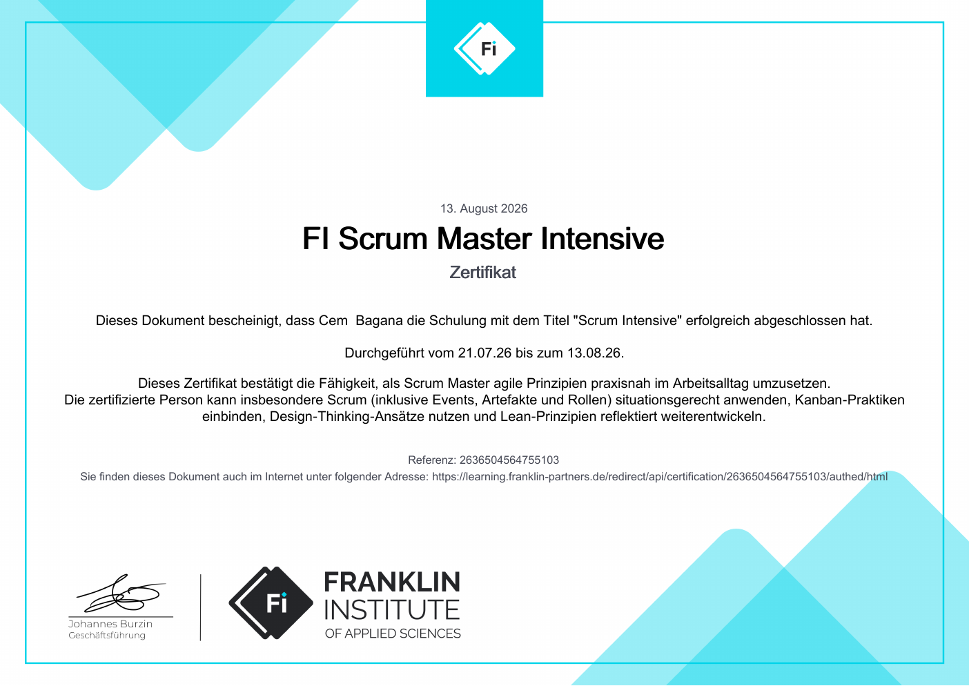Zertifikat: FI Scrum Master Intensive