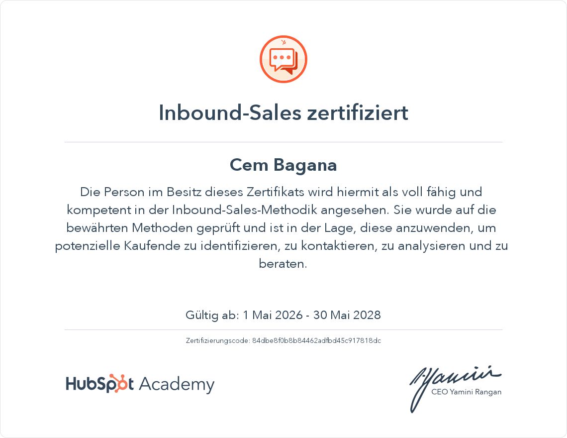 Zertifikat: Inbound Sales