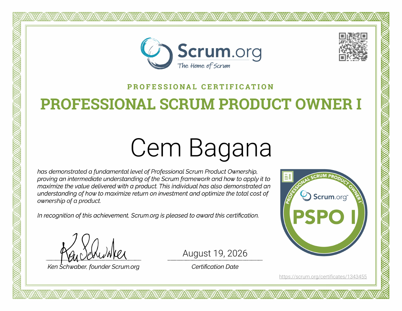 Zertifikat: Professional Scrum Product Owner I (PSPO I)