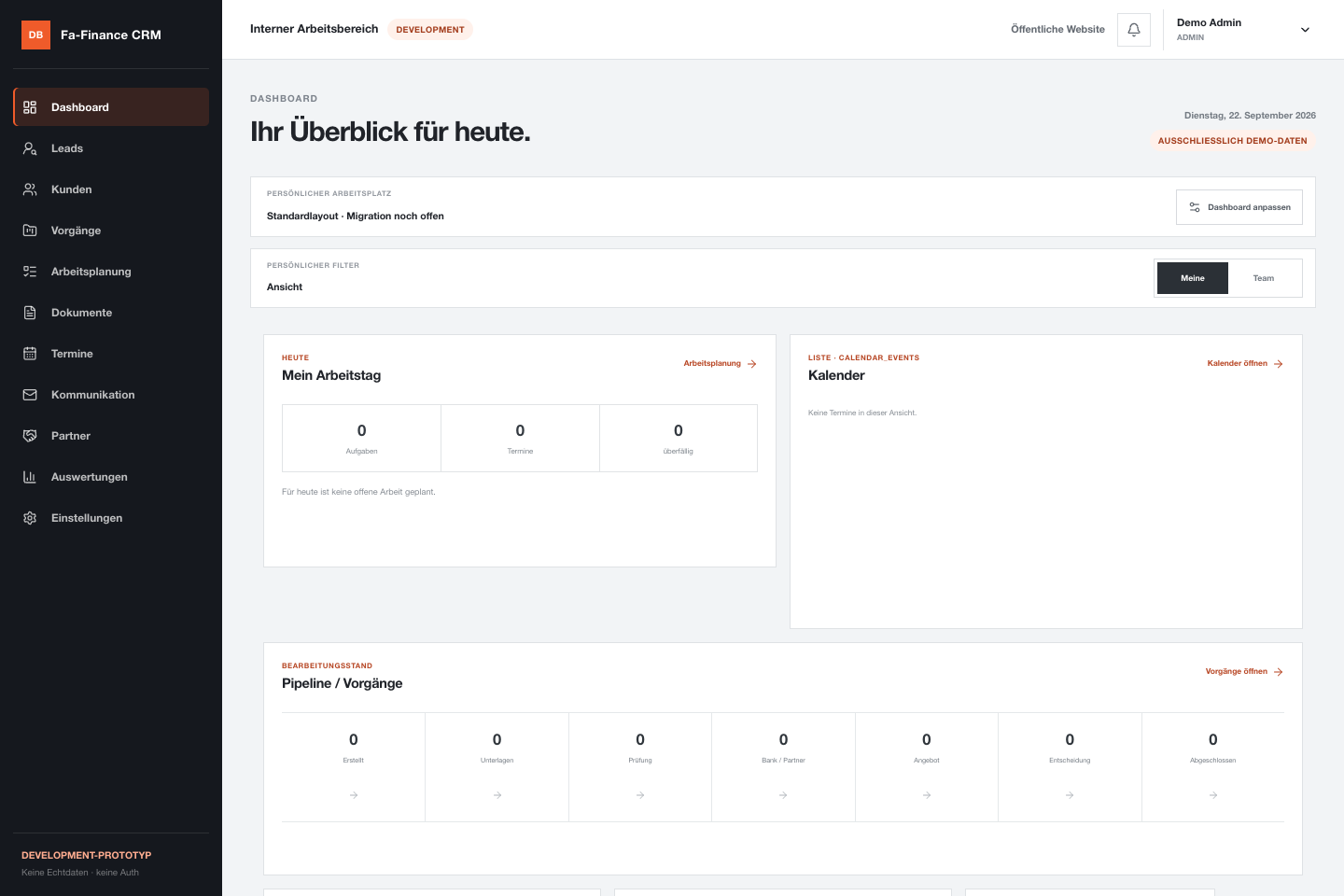 Aktuelles Dashboard des lokal entwickelten FA-Finance-CRM