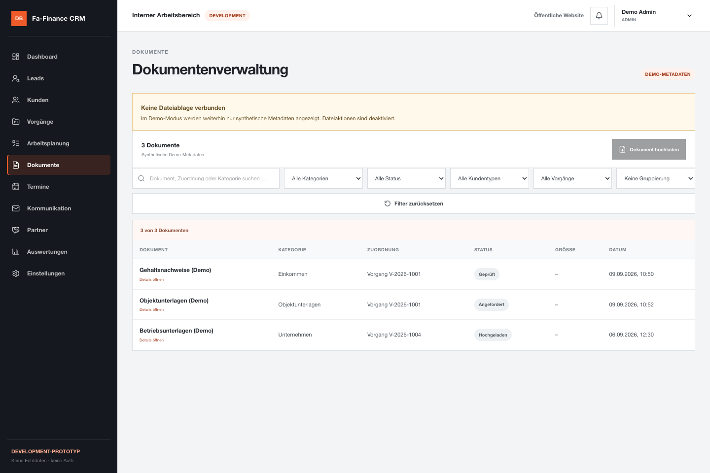Aktuelle Dokumentenansicht des FA-Finance-CRM