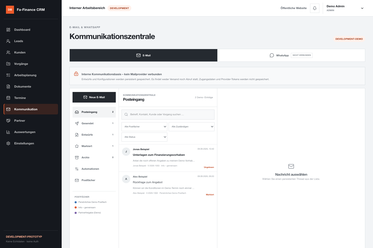Aktueller E-Mail-Bereich des FA-Finance-CRM