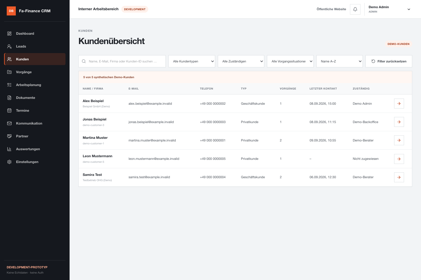 Aktuelle Kundenübersicht des FA-Finance-CRM