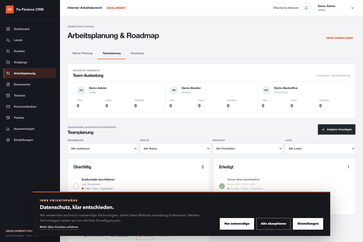 Aktuelle Teamplanung des FA-Finance-CRM