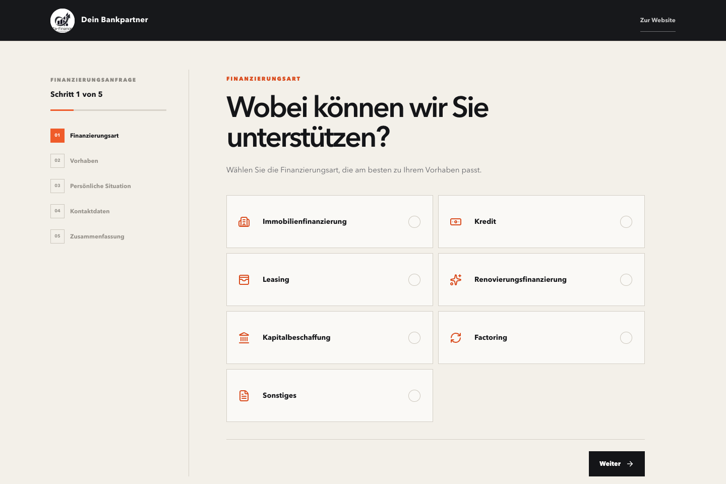 Erster Schritt der echten Finanzierungsanfrage mit auswählbaren Finanzierungsarten