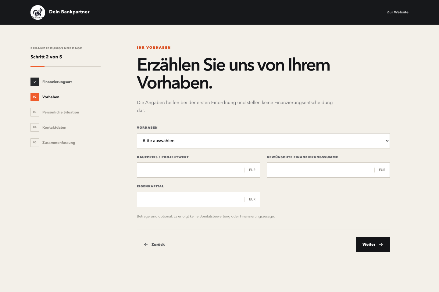 Zweiter Schritt der echten Finanzierungsanfrage mit Angaben zum Vorhaben