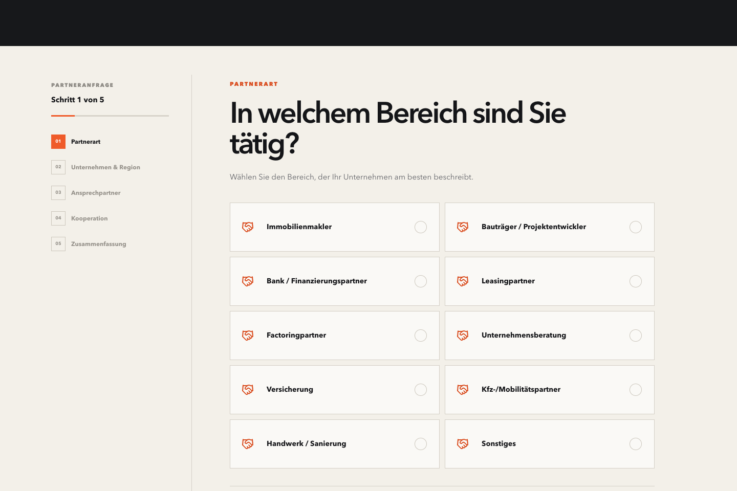 Partneranfrage innerhalb der entwickelten Website
