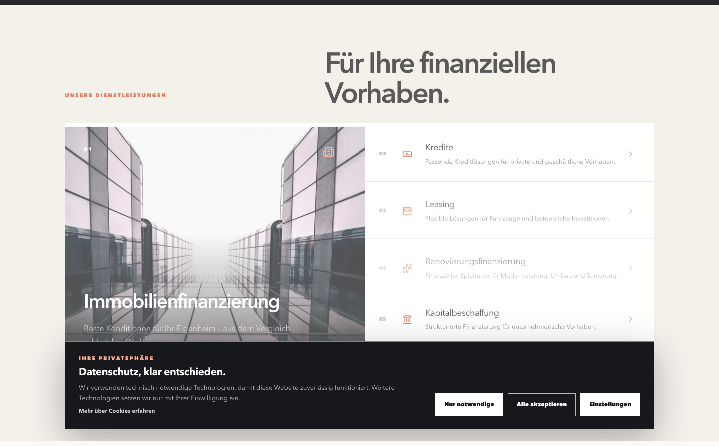 Leistungsbereich der entwickelten FA-Finance-Website