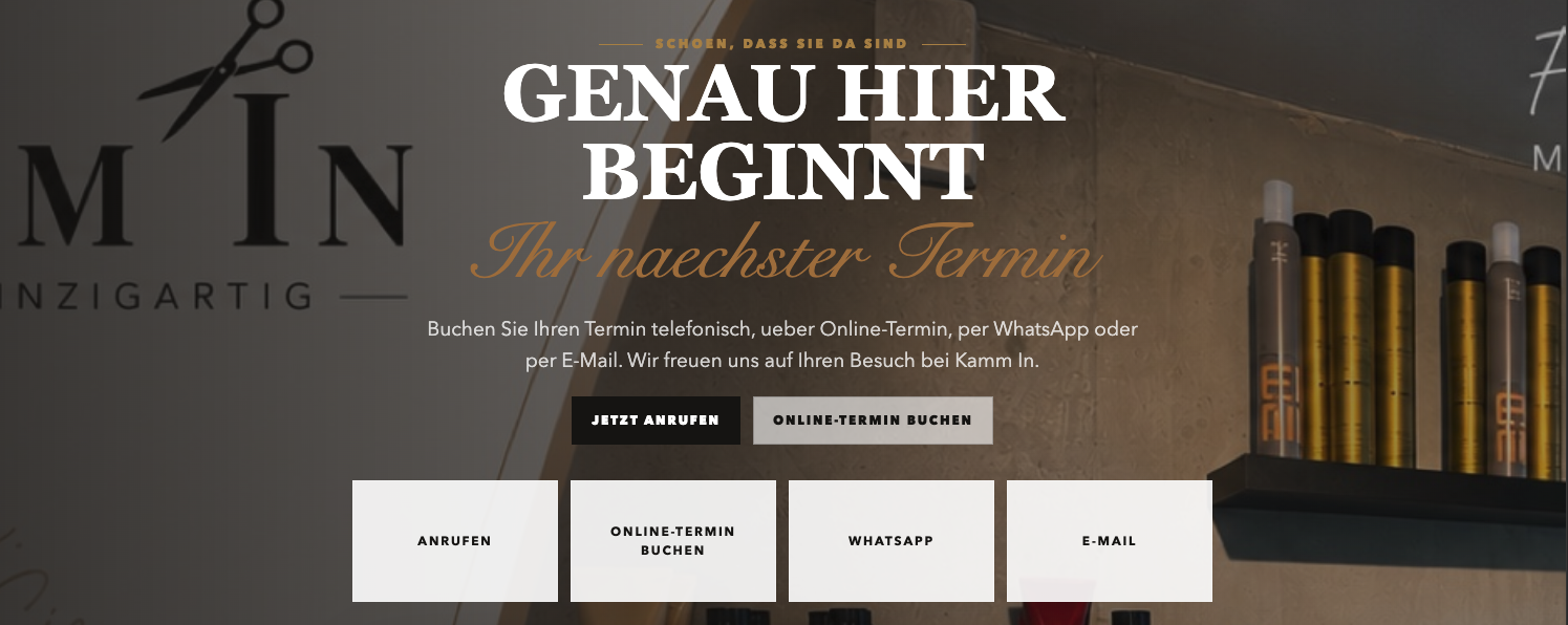 Terminbereich der Website mit mehreren Kontakt- und Buchungswegen