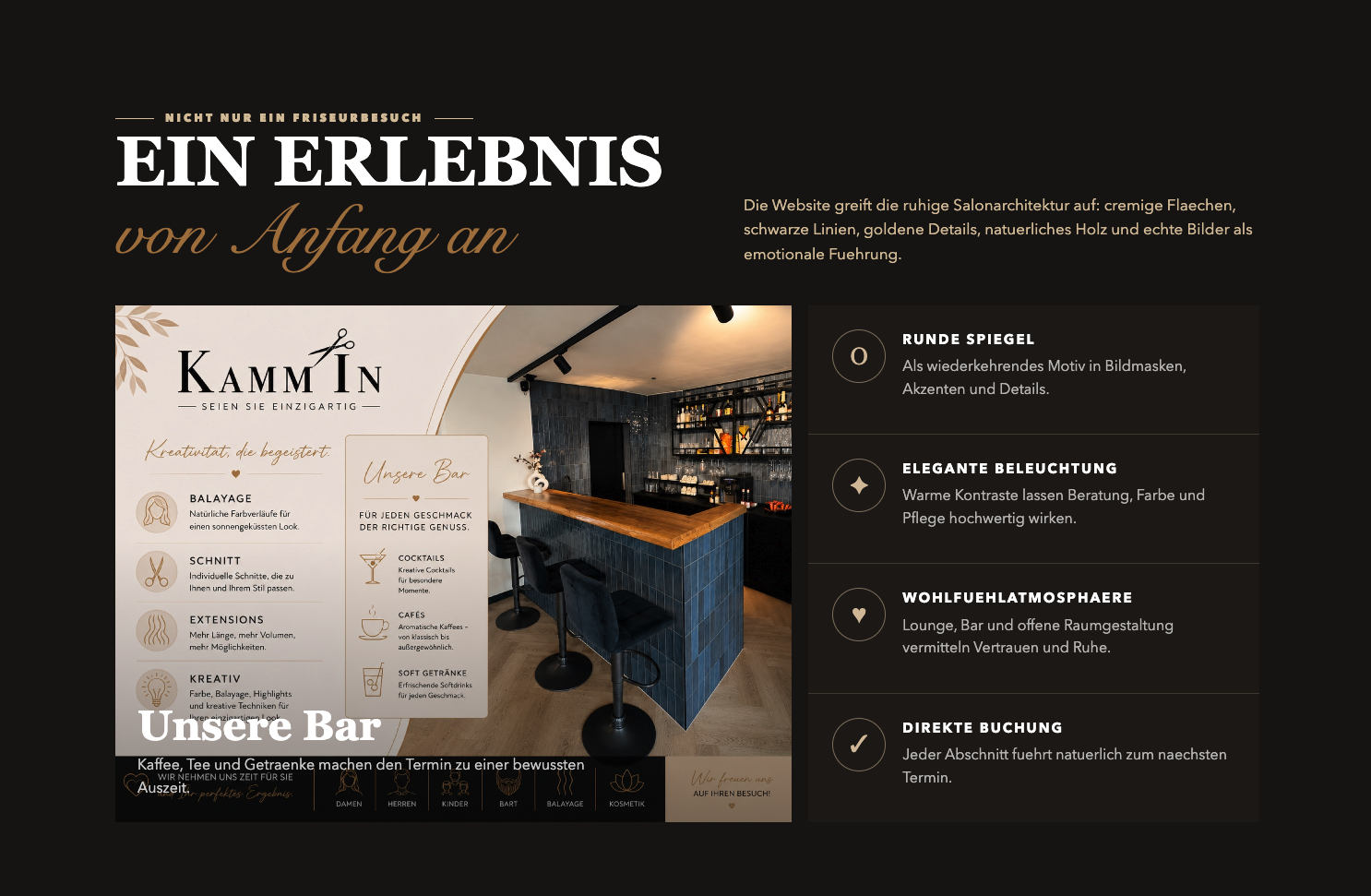 Dunkler Website-Bereich mit Salonansicht und Erlebnismerkmalen